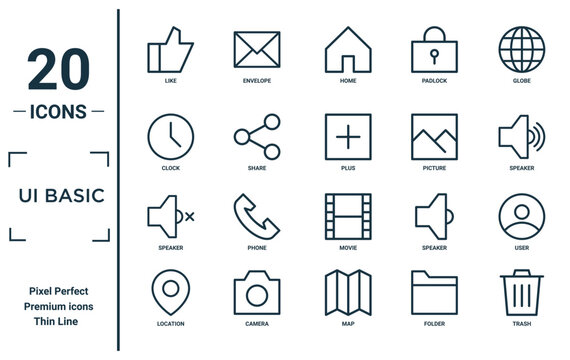 Ui Basic Linear Icon Set. Includes Thin Line Like, Clock, Speaker, Location, Trash, Plus, User Icons For Report, Presentation, Diagram, Web Design