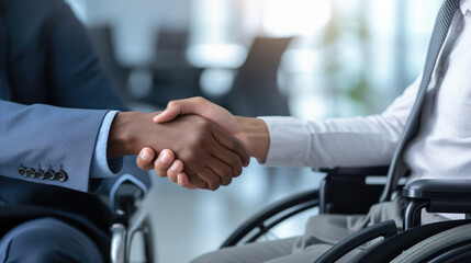 Fototapeta na wymiar Close-up view of co-workers shaking hands. Businessman and disabled colleague on wheelchair.