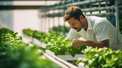 Male farmer checking quality of green lettuce plants growing in hydroponic greenhouse. - obrazy, fototapety, plakaty