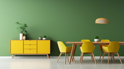 Interior of modern dining room, wooden table and yellow chairs against green wall with sideboard