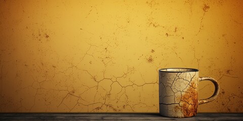 Coffee cup on wooden table and grunge yellow wall background. 