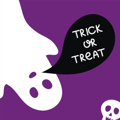 Happy Halloween. Simple postcard with white ghosts and speech bubble on purple background. Greeting card. Quote trick or treat. Flat design. Vector illustration