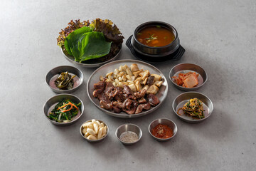 Korean food dish Ketchup tangsuyuk, sweet and sour pork, guobaorou, soybean paste stew, grilled pork cheek