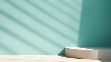 Empty Room in turquoise Colors with Shadows on the Wall. Minimal Podium for Product Presentation.
