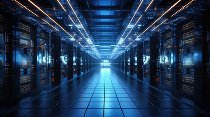 futuristic server room or data center corridor with neon lights in dark background - obrazy, fototapety, plakaty