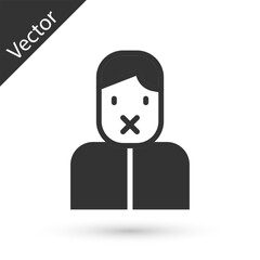 Grey Censor and freedom of speech concept icon isolated on white background. Media prisoner and human rights concept. Tied mouth. Vector