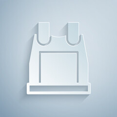 Paper cut Bulletproof vest for protection from bullets icon isolated on grey background. Body armor sign. Military clothing. Paper art style. Vector