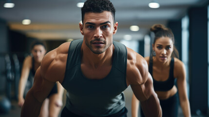 Portrait of sports man and woman training together in a gym