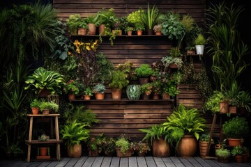 Fototapeta na wymiar Collection of different plants in pots on wooden shelf. 3d rendering. 