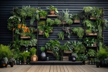 Fototapeta na wymiar Collection of different plants in pots on wooden shelf. 3d rendering. 