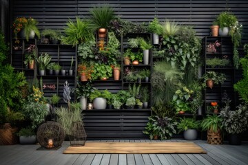 Collection of different plants in pots on wooden shelf. 3d rendering. 