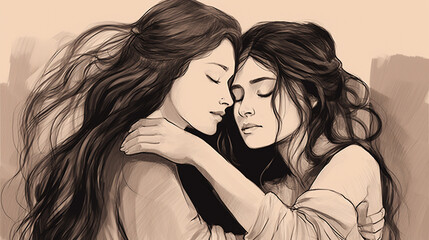 two women hugging each other cartoon style