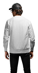 Man wearing blank white sweatshirt and empty baseball cap standing over transparent background. Back view