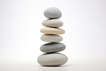 A stack of  a small round white and grey pebble stone isolated on a clear white background. Balanced pebble stone art. Generative AI.