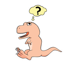 cute cartoon tyrannosaurus thinking. problem sign and symbol. - obrazy, fototapety, plakaty