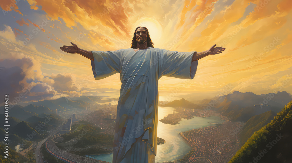 Wall mural illustration painting of the resurrected jesus christ ascending to heaven above the bright light sky