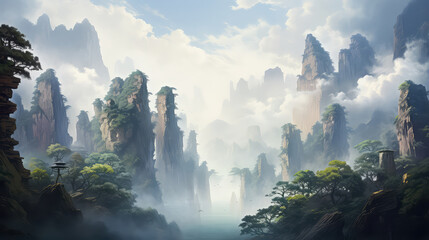 illustration painting of Beautiful natural landscape of Zhangjiajie National Forest Park, Hunan Province, China. (ai generated)