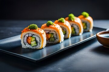 A plate of vibrant vegetable sushi rolls, made with fresh ingredients and served with soy 