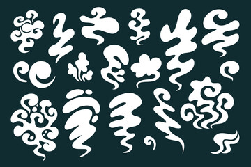 Smoke different shapes set. White cloud fog cigarette fire in cartoon style for game. Isolated flat