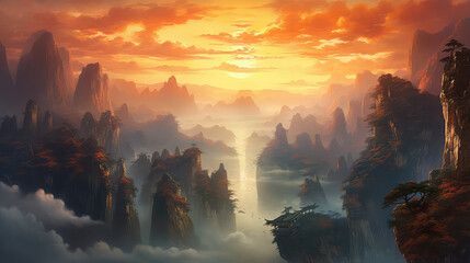 illustration painting of Beautiful natural landscape of Zhangjiajie National Forest Park at sunset, Hunan Province, China. (ai generated) - obrazy, fototapety, plakaty