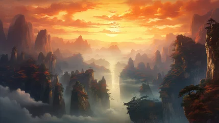 illustration painting of Beautiful natural landscape of Zhangjiajie National Forest Park at sunset, Hunan Province, China. (ai generated) © ImagineDesign