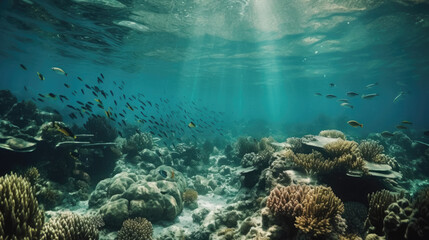 Naklejka na ściany i meble Tropical sea underwater fishes on coral reef. Aquarium oceanarium wildlife colorful marine panorama landscape nature snorkel diving.
