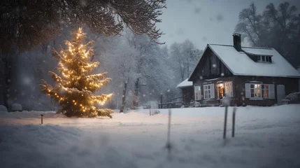 Foto op Canvas snowy outdoor scene with a decorated Christmas tree in the foreground and a cozy cottage in the background © Anastasia Shkut