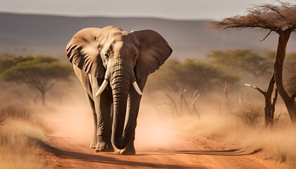 Male elephant walking in sunny Africa