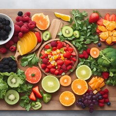 A vibrant and colorful top-down view of a variety of fresh fruits and vegetables arranged