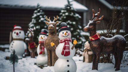a backyard decorated with a variety of outdoor Christmas decorations, including reindeer, snowman, and other festive characters