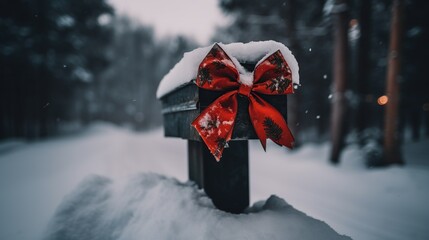 a mailbox covered in snow with a red bow tied around it - Powered by Adobe