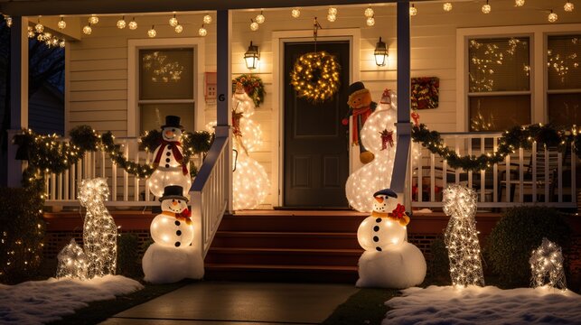 festive front porch decorated with Christmas lights, wreath, and outdoor illuminated holiday snowman decor