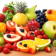 Naklejka na ściany i meble A vibrant and colorful top-down view of a variety of fresh fruits and vegetables arranged