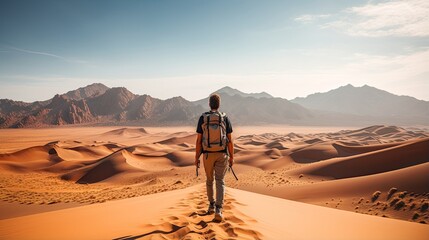 Male hiker, full body, view from behind, standing on a dune in the middle of the desert - obrazy, fototapety, plakaty