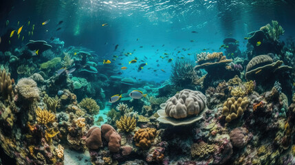 Naklejka na ściany i meble Tropical sea underwater fishes on coral reef. Aquarium oceanarium wildlife colorful marine panorama landscape nature snorkel diving.