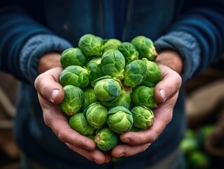 Naklejka na ściany i meble Freshly harvested Brussels Sprouts in farmer's hand, close-up shot