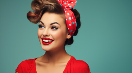 Beautiful young woman with curly hair smiling on blue background. Pinup style.