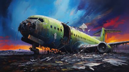 oil painting on canvas, view of Northern lights over plane wreckage in Iceland. (ai generated)