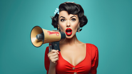 Young woman in pinup style holding megaphone isolated on blue background