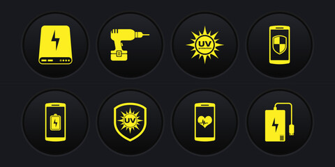Set Smartphone battery charge, with shield, UV protection, heart rate, and Drill machine icon. Vector