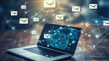 Laptop with flying messages icon on blurry background. E-mail concept