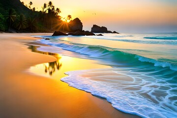 A serene beach scene at sunset, with gentle waves washing ashore