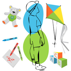 Child in summer clothes with children's toys. Color graphic image. Vector.