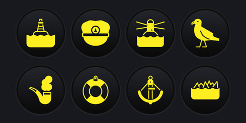 Set Smoking pipe, Bird seagull, Lifebuoy, Anchor, Lighthouse, Captain hat, Sharp stone reefs and Floating icon. Vector