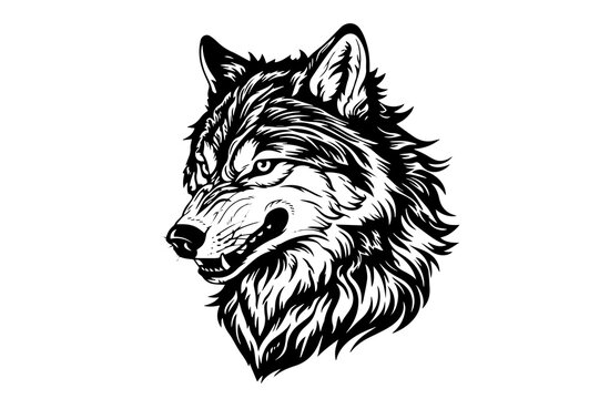 Angry wolf head hand drawn ink sketch. Engraving vintage style vector illustration. Design for logotype, mascot, print.