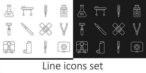 Set line Nurse hat with cross, Medical tweezers, thermometer, surgery scalpel, Neurology reflex hammer, Test tube and flask, Crossed bandage plaster and Stretcher icon. Vector
