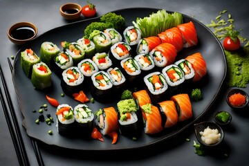 A plate of vibrant vegetable sushi rolls, made with fresh ingredients and served with soy 