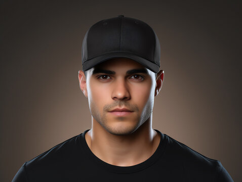 A man wearing blank empty black cap mockup for design template