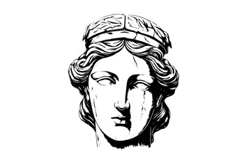 Сracked statue head of greek sculpture hand drawn engraving style sketch. Vector illustration. Image for print, tattoo, and your design.