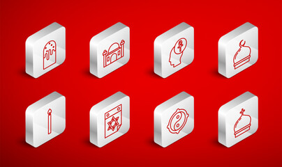 Set line Church tower, Muslim Mosque, Cross ankh, Yin Yang, Easter cake, Jewish calendar and Burning candle icon. Vector